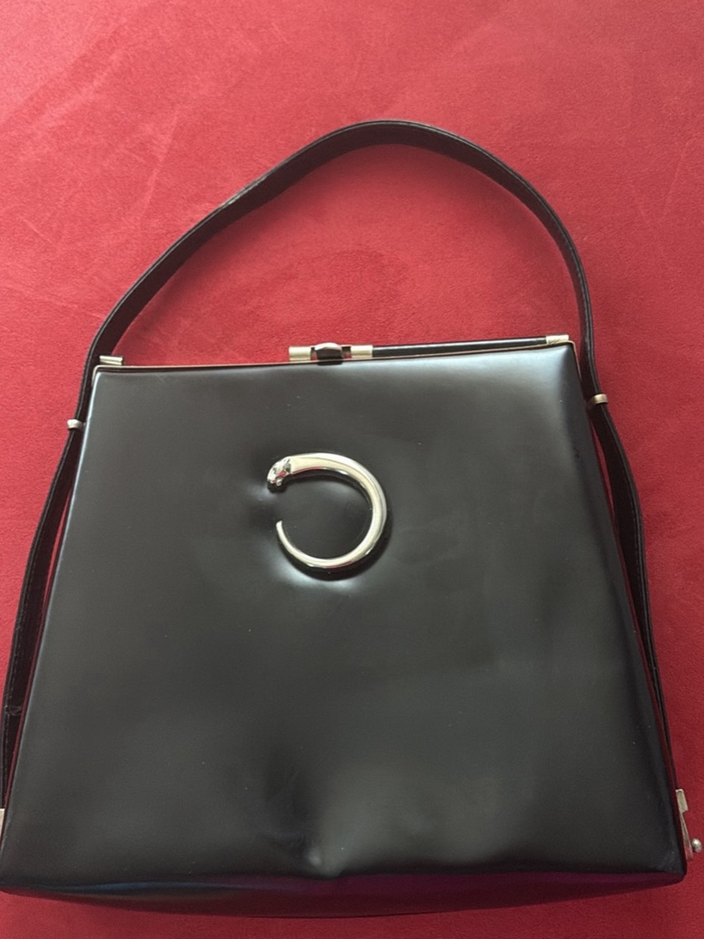 Cartier Panthiere Black Patent Shoulder Bag with Silver C-Accent